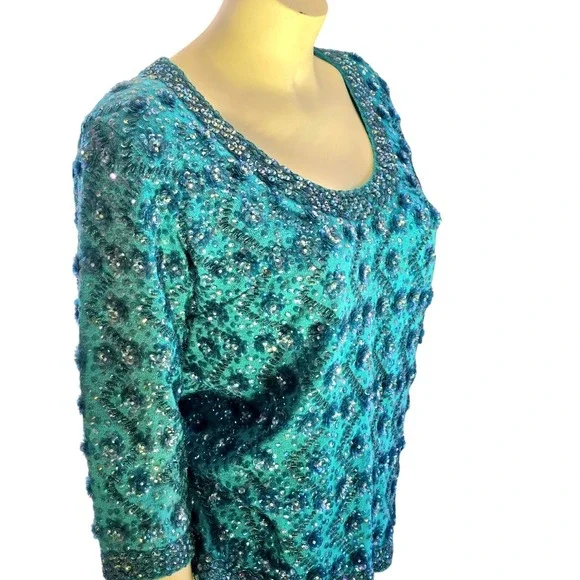 Vintage 60s Wool Beaded Sequin Sweater Back Zip Turquoise Silk-lined By Cavanagh
